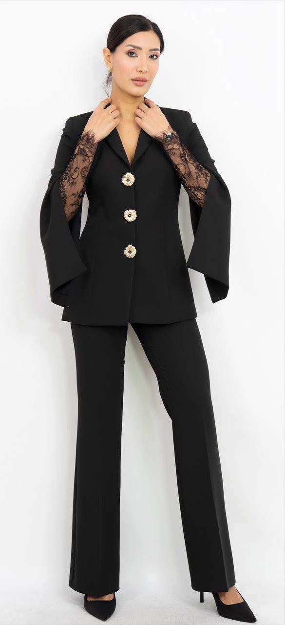 Dantel Kollu Şal Yaka Ceket Pantolon Takım 3
