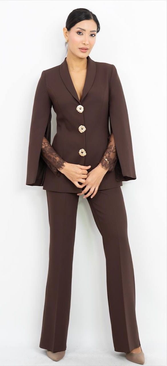 Dantel Kollu Şal Yaka Ceket Pantolon Takım 6