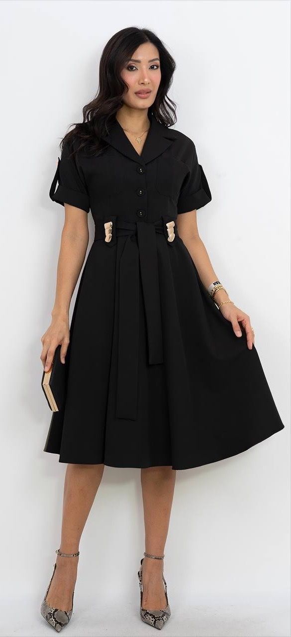 Kemer Detaylı V Yaka Elbise 5