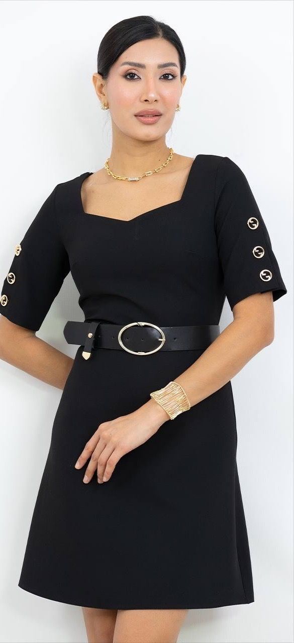 Kısa Kollu Kemer Detaylı Mini Elbise 7