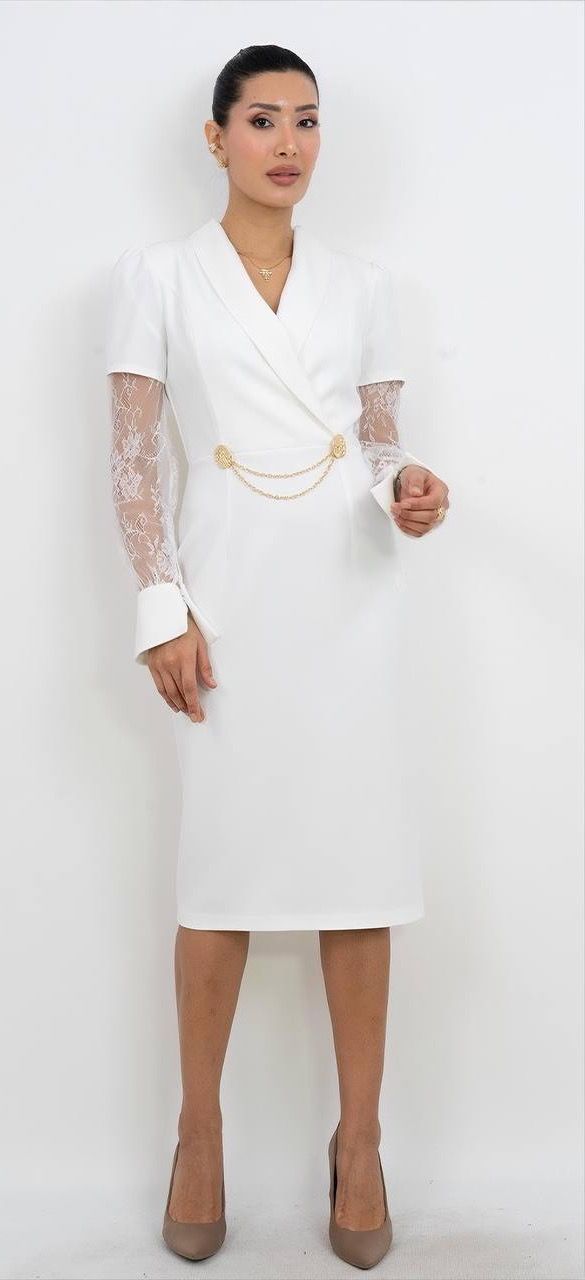 Tül Detaylı V Yaka Elbise 4